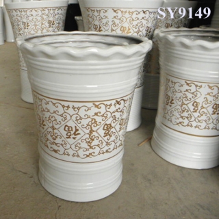 Pot for plant with golden printing white glazed ceramic gift pot