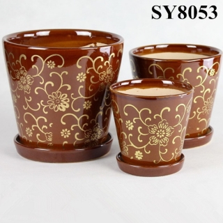 Golden flower pattern galvanized bronzed ceramic pottery pots