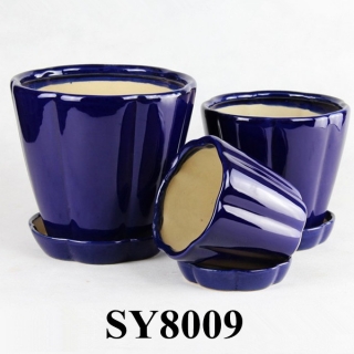 With saucer royalblue ceramic glazed flower pots