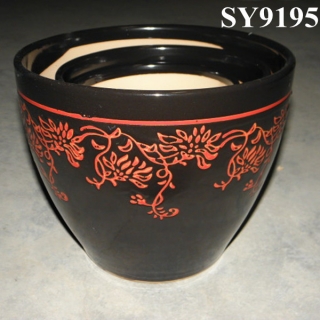 Set of 3 plant pot black printing red porcelain flowerpot