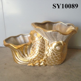 Large opening mouth golden fish shaped galvanized home flower pot
