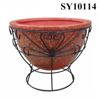 Beautiful pot with iron stand red brown garden plant pot
