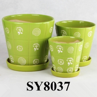 Pattern printing on grid indoor green glazed ceramic flower pots
