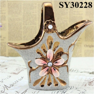 Flower basket shape gold porcelain vase