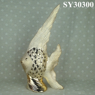 Galvanized gold and white ceramic decorative garden fish statue