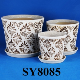 brown pattern printing indoor round flower pot