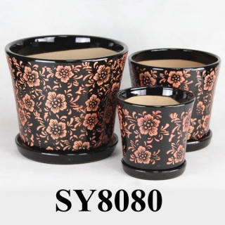 Dark red pattern printing round custom printed flower pot