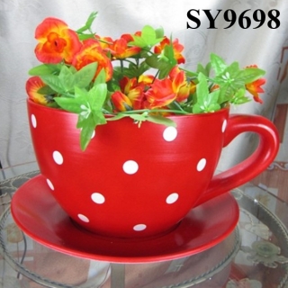 With plate ceramic red flower cup