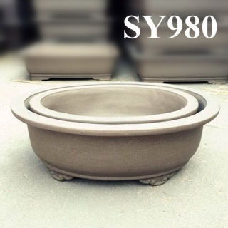 Handmade unglazed round bonsai pot