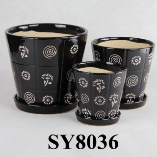 Pattern printing on grid black glazed ceramic pots and planters