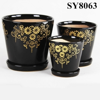 With tray Black & yellow pattern printing decorative ceramic flower pots
