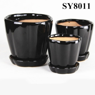 With saucer black glazed planter pots