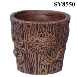 Embossed flower pattern coffee glazed indoor round planter pot