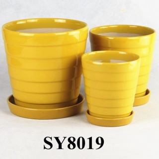 With saucer yellow ceramic flower pot set
