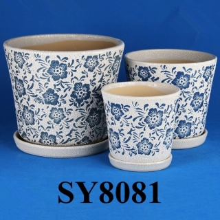 Blue pattern printing round ceramic gardening flower pot