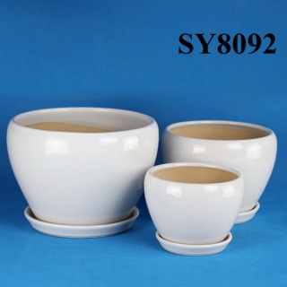 White glazed earthen bowl shape large porcelain planter