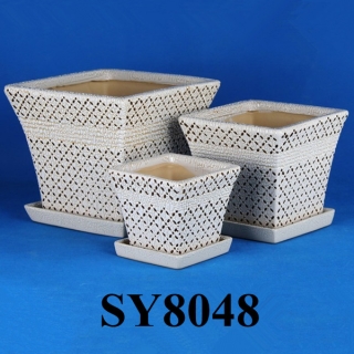 brown & white pattern glazed ceramic square flower pot