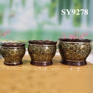 Brown glazed printing cheap flower pot