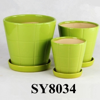 With saucer grid green glazed ceramic planter pot