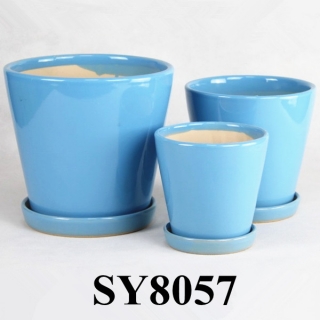 sky blue glazed ceramic flower pot decoration