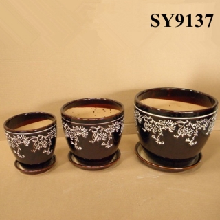 Pot for plant white printing brown glazed porcelain decoration pot