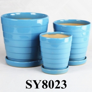 Shaving line surface blue glazed ceramic flower pots