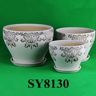 With saucer brown pattern white pearl glazed ceramic pot