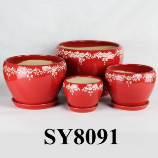Pattern printing bowl shape bright red glazed ceramic pot