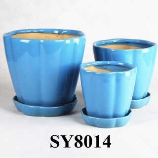 Cement pot with saucer sky blue glazed clay pot