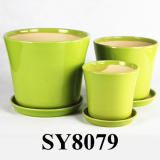 With tray round green ceramic planter pot