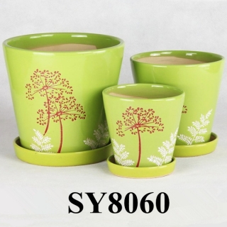With saucer pattern printing green ceramic flower planter
