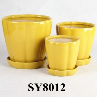With saucer yellow glazed garden planter pots