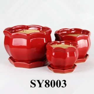 With saucer lace shape red glazed ceramic flower pot