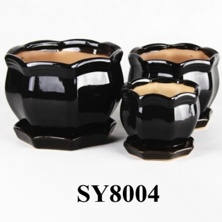 With saucer lace shape black glazed ceramic flower pot