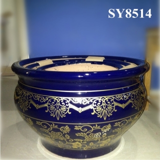 Blue glazed golden pattern round plant pot