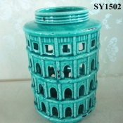 Blue glazed house hollow out ceramic candle holder